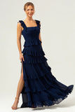 Dark Navy A Line Square Neck Tiered Long Bridesmaid Dress