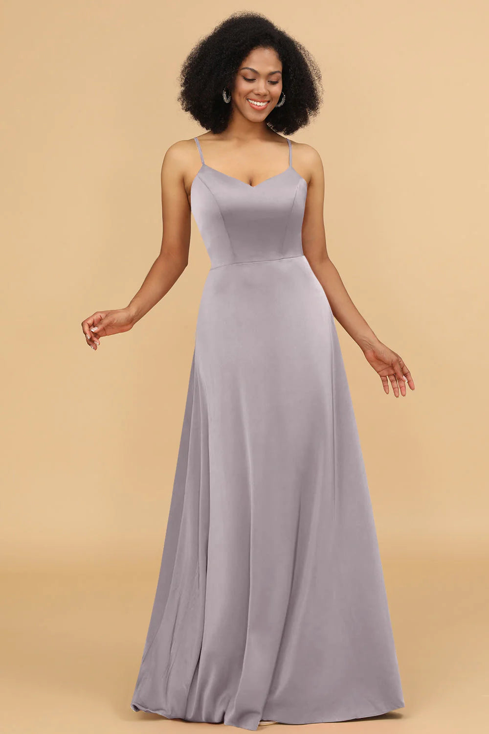 A Line Spaghetti Straps Floor Length Satin Bridesmaid Dress