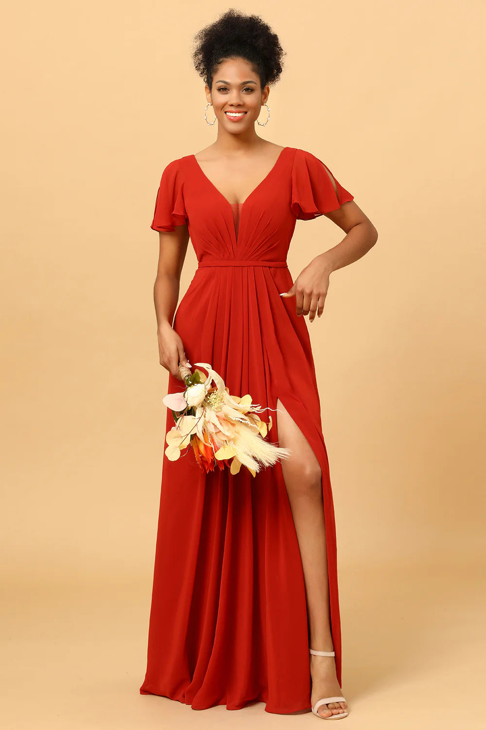 Rust Red A Line Long Chiffon Bridesmaid Dress with Slit