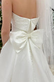 White Strapless Bow Back Pearls A Line Wedding Dress