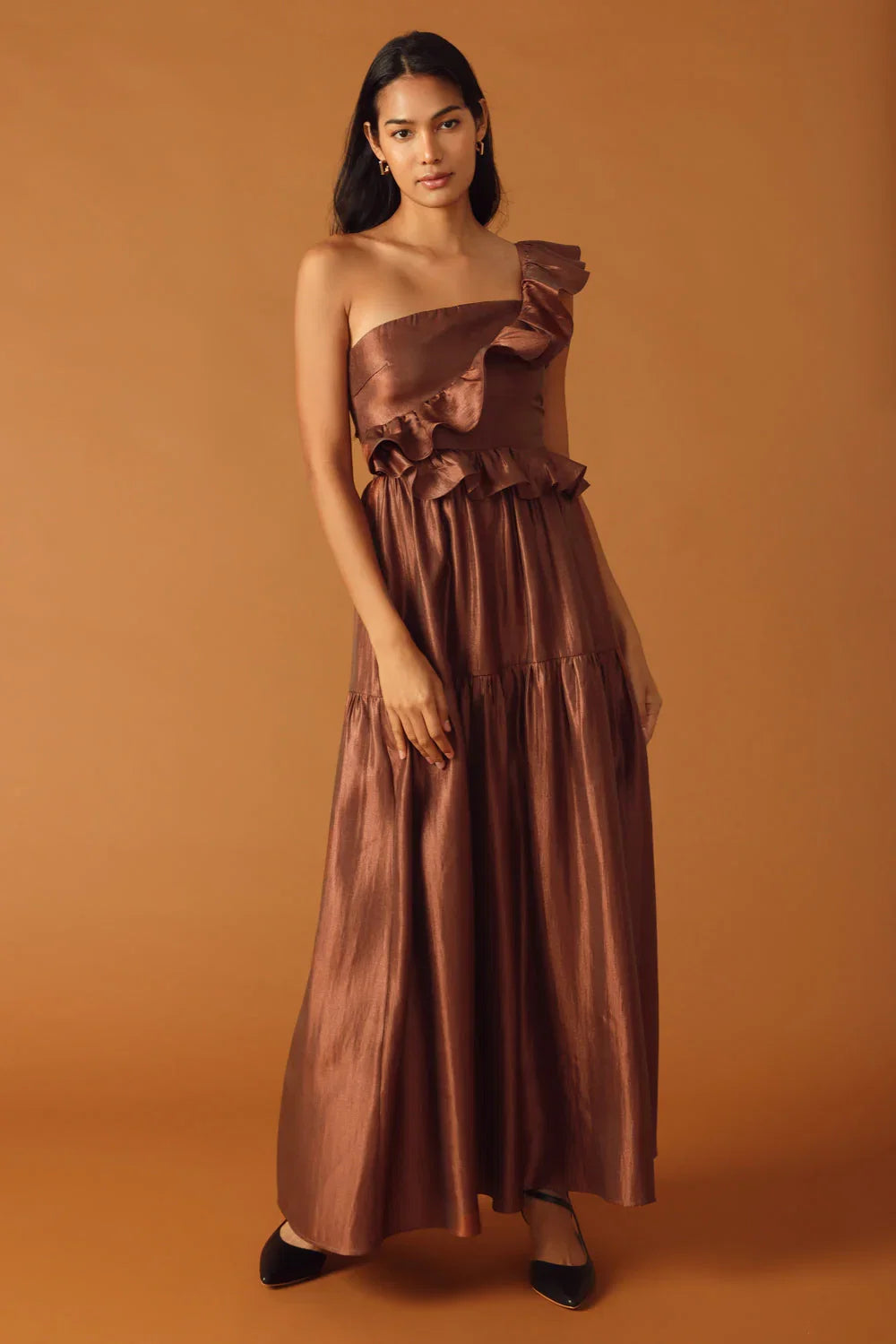 FIND THE ANSWER BROWN SATIN ONE SHOULDER MAXI DRESS