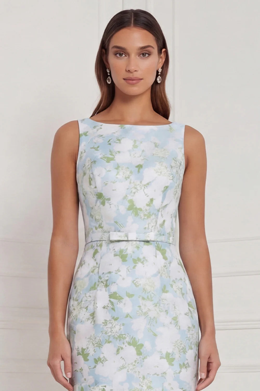 Sheath Blue White Floral Bateau Neck Long Bridesmaid Dress