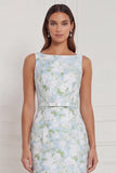 Sheath Blue White Floral Bateau Neck Long Bridesmaid Dress