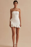 Strapless Bodycon Ruffled White Dress