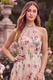 Halter A Line Pink Flower Embroidered High Low Wedding Guest Dress