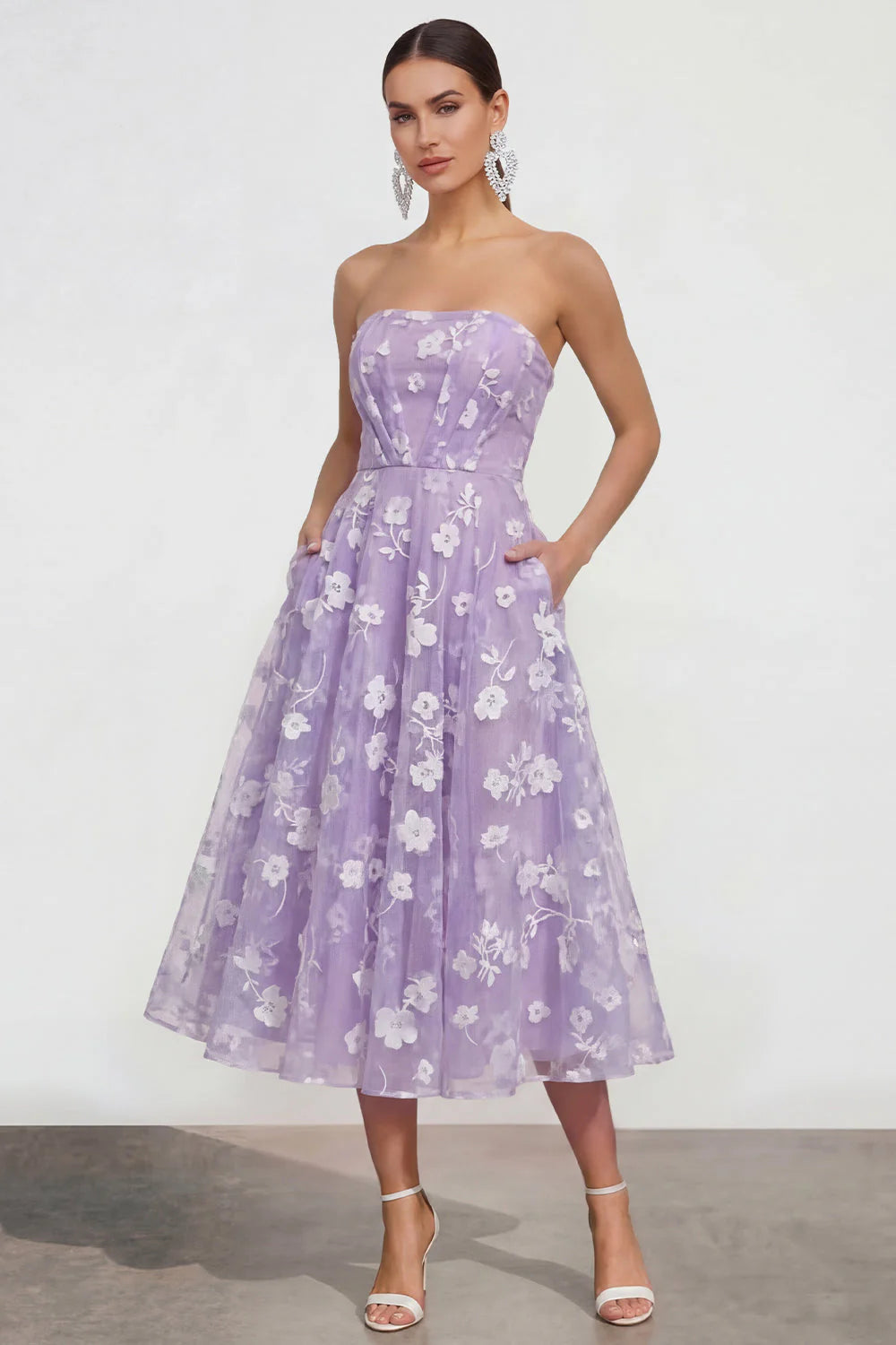 Strapless Floral Blue A Line Wedding Guest Dress
