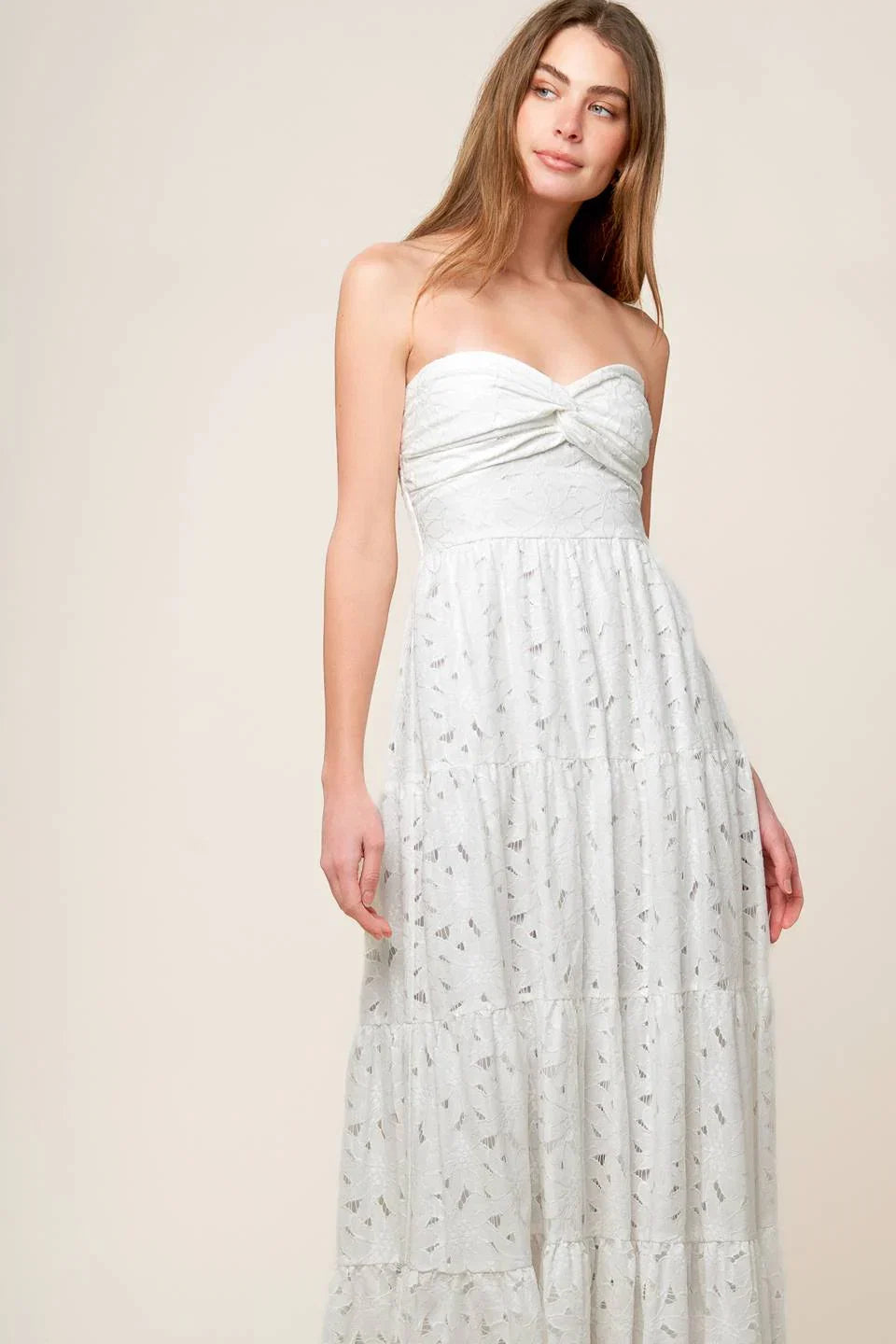 WISHING WELL STRAPLESS WHITE LACE MAXI DRESS