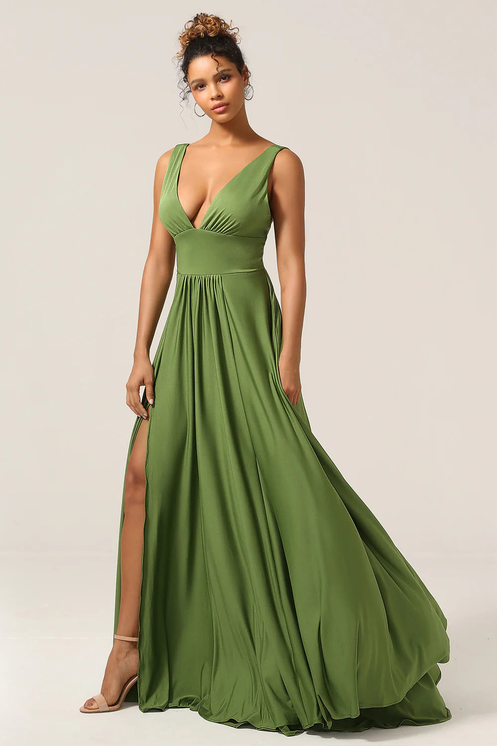 Olive A Line Deep V neck Spandex Floor Length Bridesmaid Dress with Slit