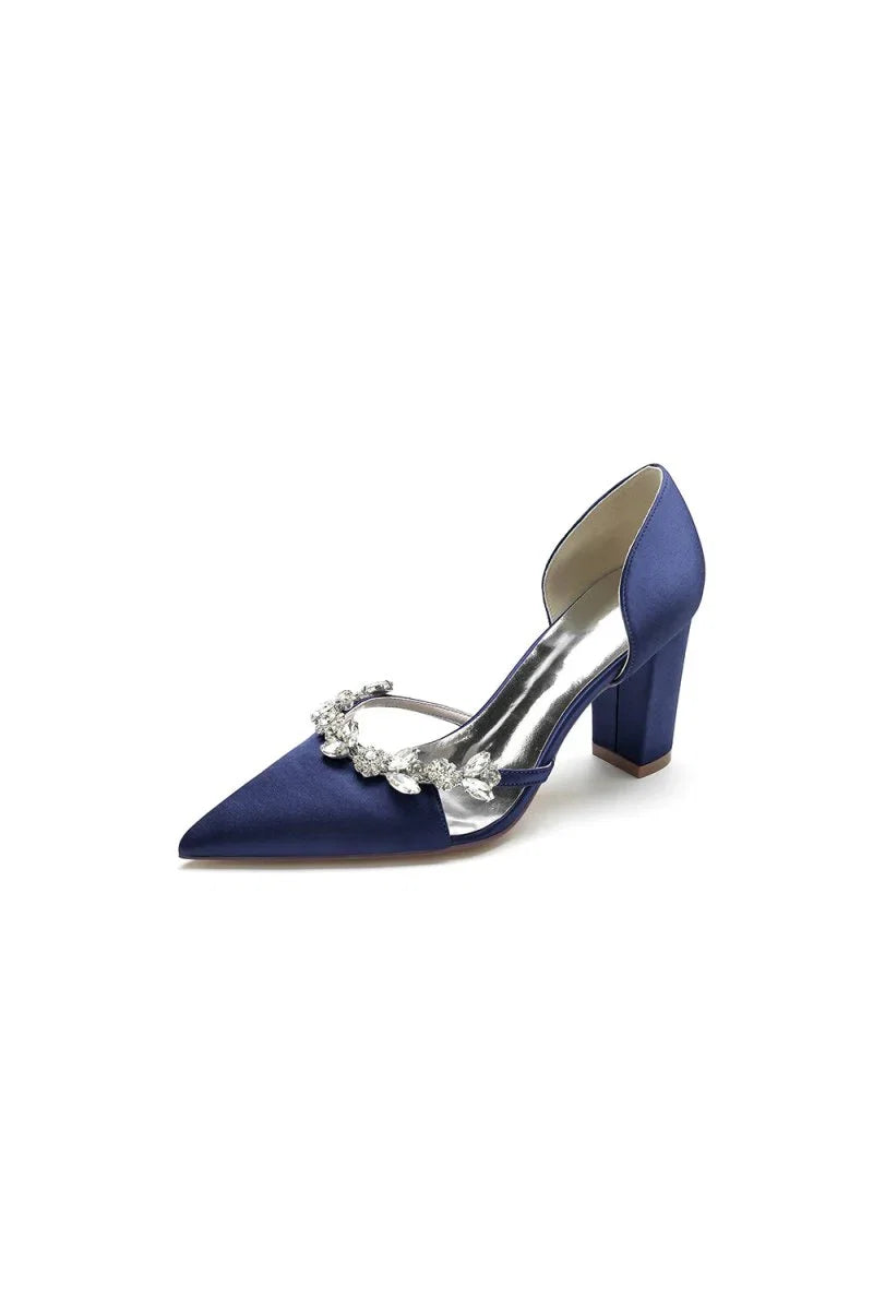 Crystal Strap Pointed Toe Block Heel Sandals