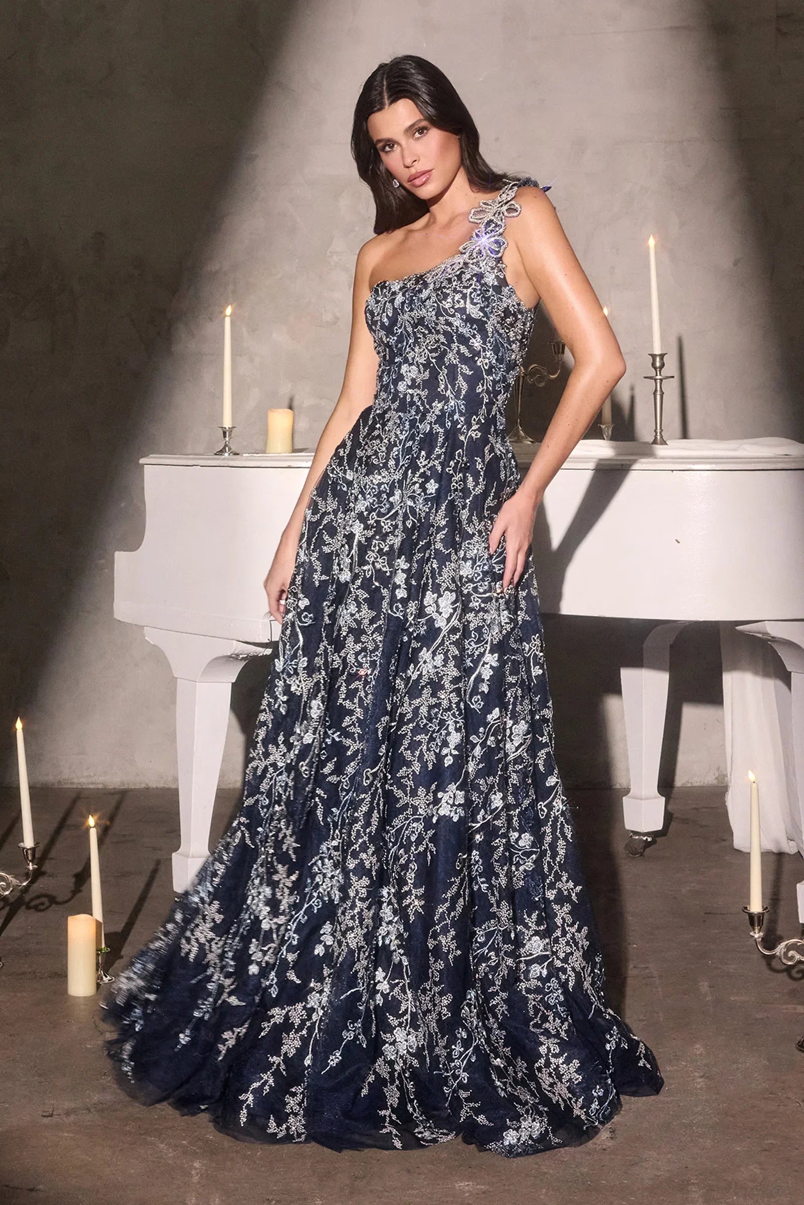June A line Gown One Shoulder Floral Appliqué Evening Dress