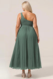 Eucalyptus A Line One Shoulder Ruched Chiffon Plus Size Bridesmaid Dress