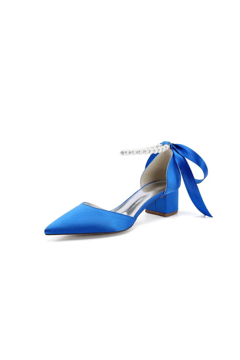 Pointed Toe Satin Pearl Ankle Strap Block Heels With Ribbon Tie
