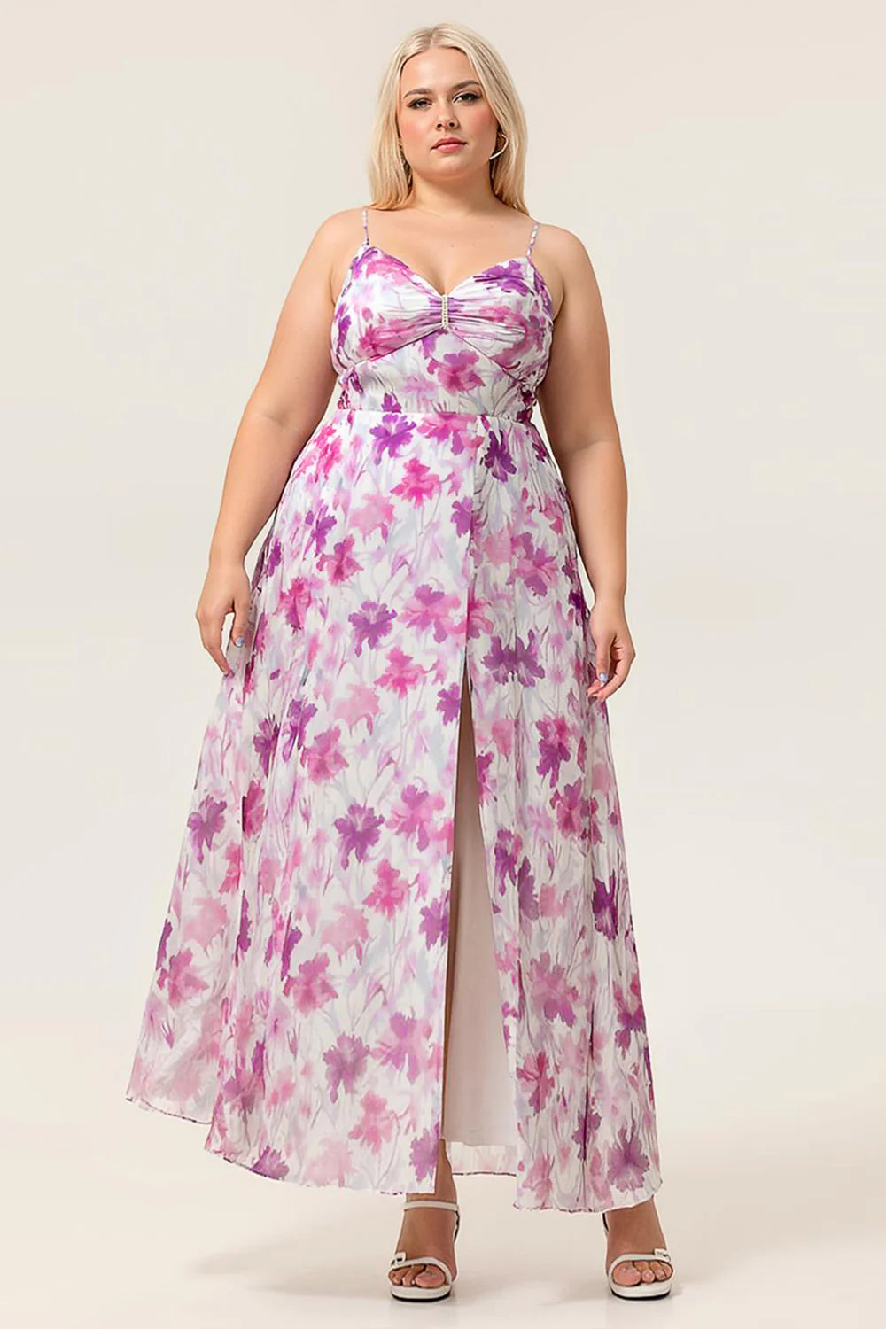 Purple Flower A Line Front Knot Print Maxi Plus Size Bridesmaid Dress with Slit