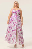 Purple Flower A Line Front Knot Print Maxi Plus Size Bridesmaid Dress with Slit