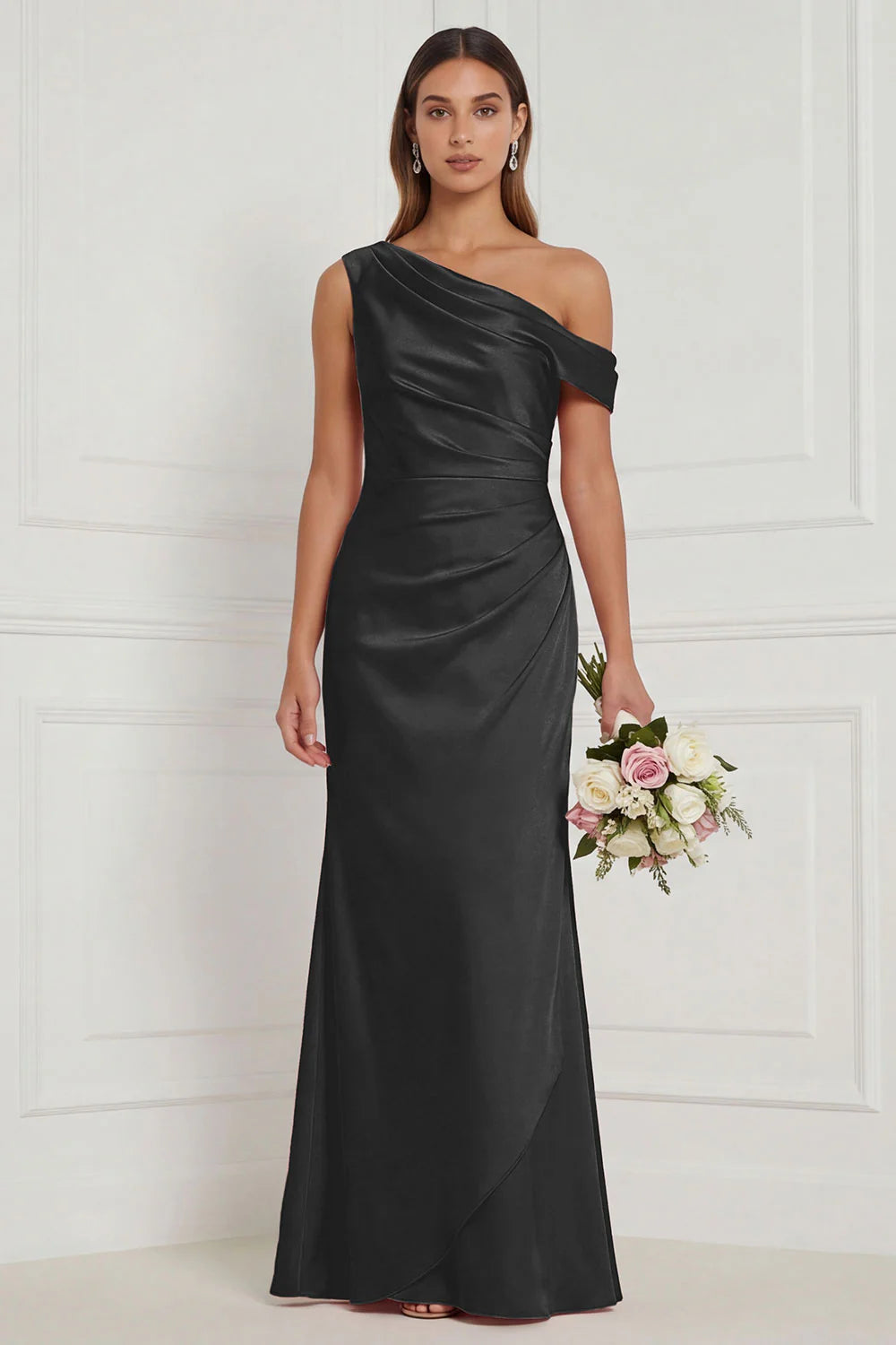 Burnt Orange Asymmetrical Neck Mermaid Ruched Satin Bridesmaid Dress