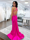 Angela Mermaid Pink V Neck Backless Satin Long Prom Dress