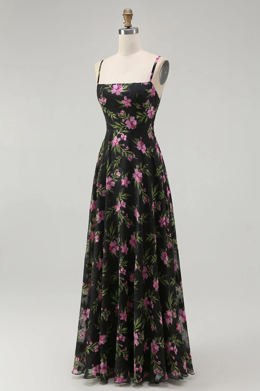 Black Pink Floral A Line Spaghetti Straps Backless Chiffon Long Bridesmaid Dress