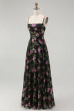 Black Pink Floral A Line Spaghetti Straps Backless Chiffon Long Bridesmaid Dress