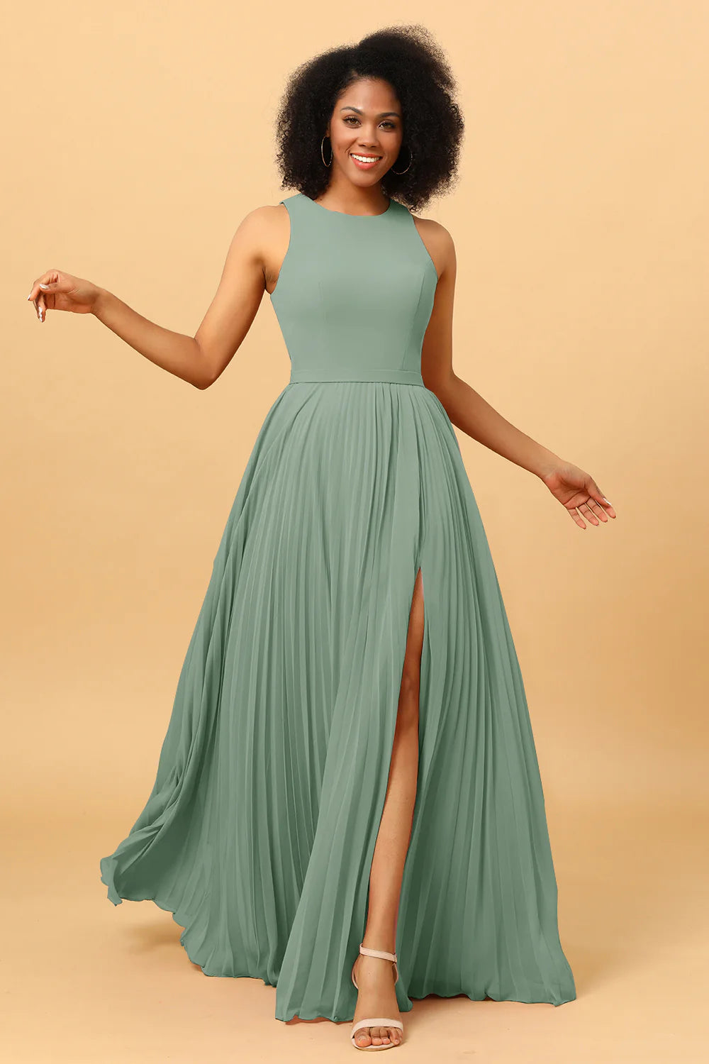 A Line Pleated Long Chiffon Bridesmaid Dress with Ruffles