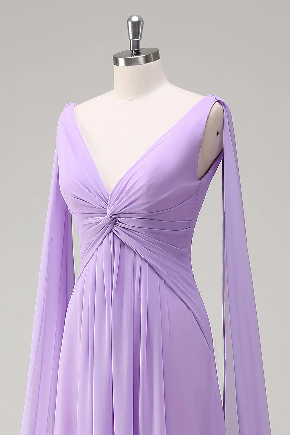 Elegant Lilac A Line V Neck Chiffon Long Bridesmaid Dress with Flowing Cape Sleeves