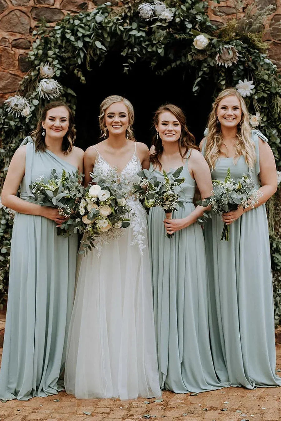 Grey Green Chiffon Spaghetti Straps A Line Long Bridesmaid Dress