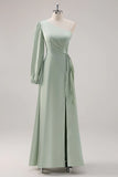 Sage Green A Line One Shoulder Ruched Long Bridesmaid Dress with Slit