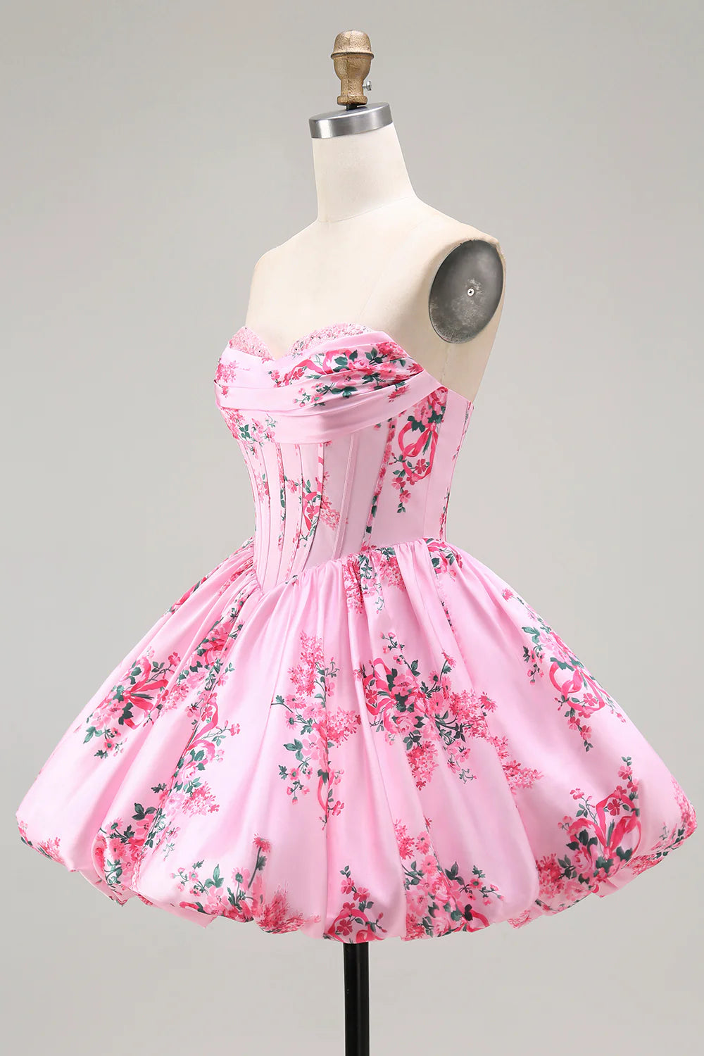 White Blue Flower A Line Strapless Printed Homecoming Dress with Beading