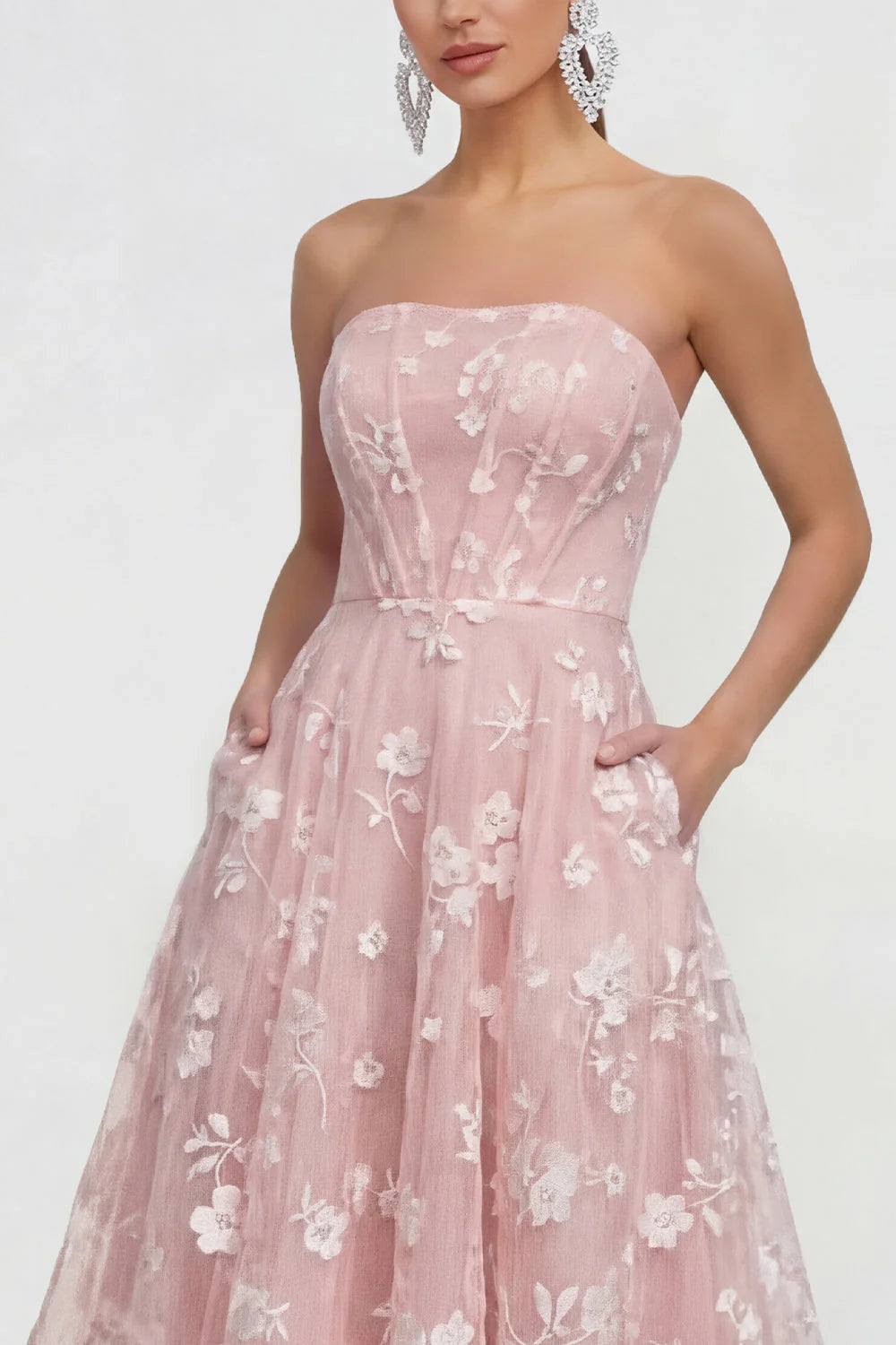 Strapless Floral Blue A Line Wedding Guest Dress