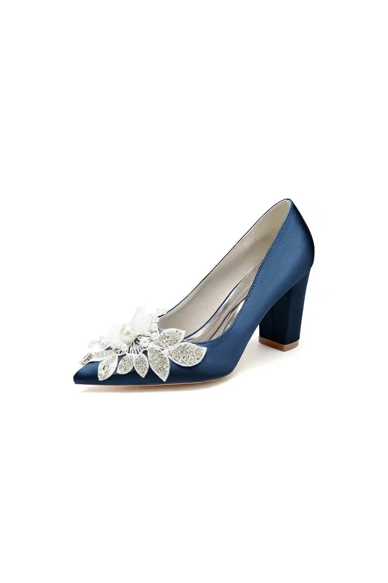 Floral Beaded Pointed Toe Chunky Heel