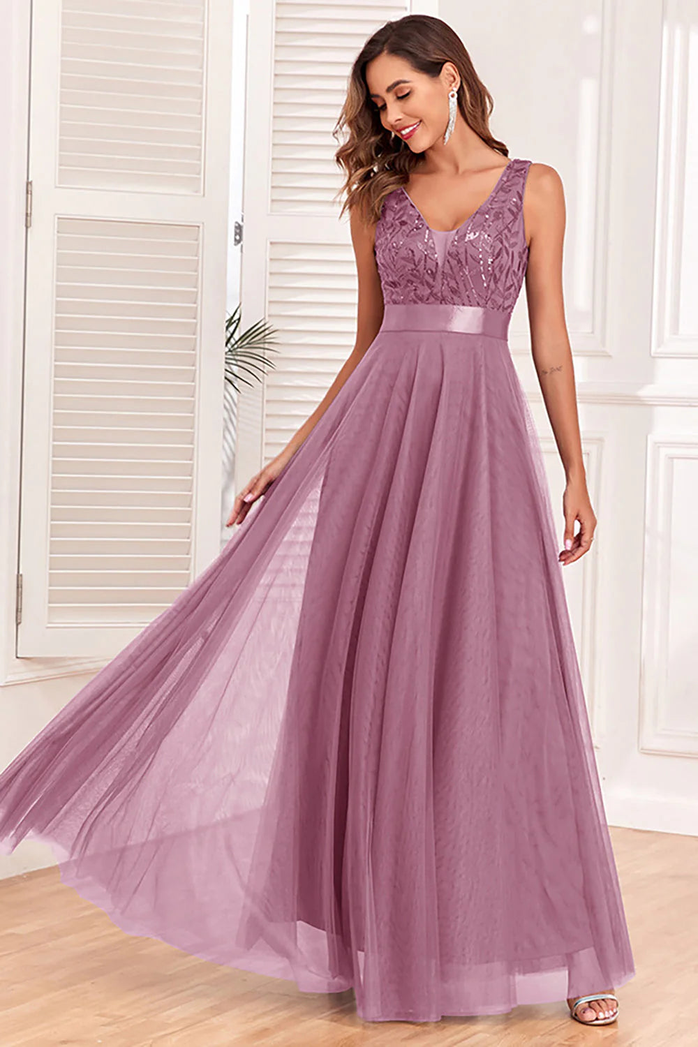 Sparkly Blue A Line V Neck Mother of the Bride Dress
