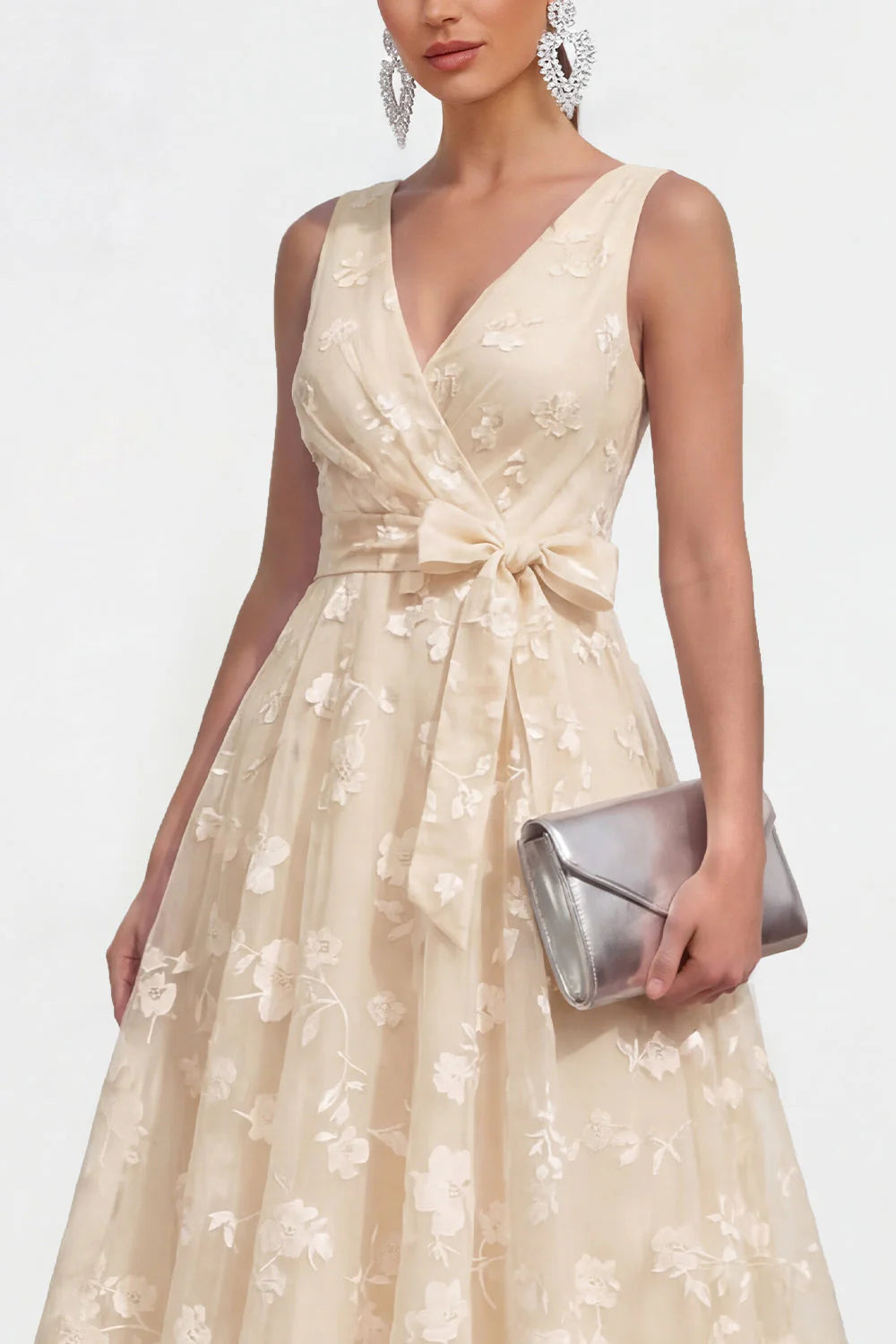 Blue Floral A Line Midi Wedding Guest Dress with Bow