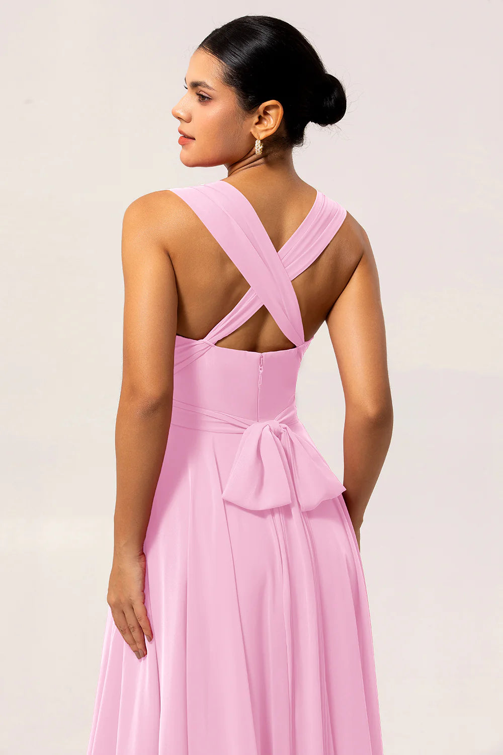 Blush Pink A Line Ruched Backless Convertible Chiffon Long Bridesmaid Dress with Slit
