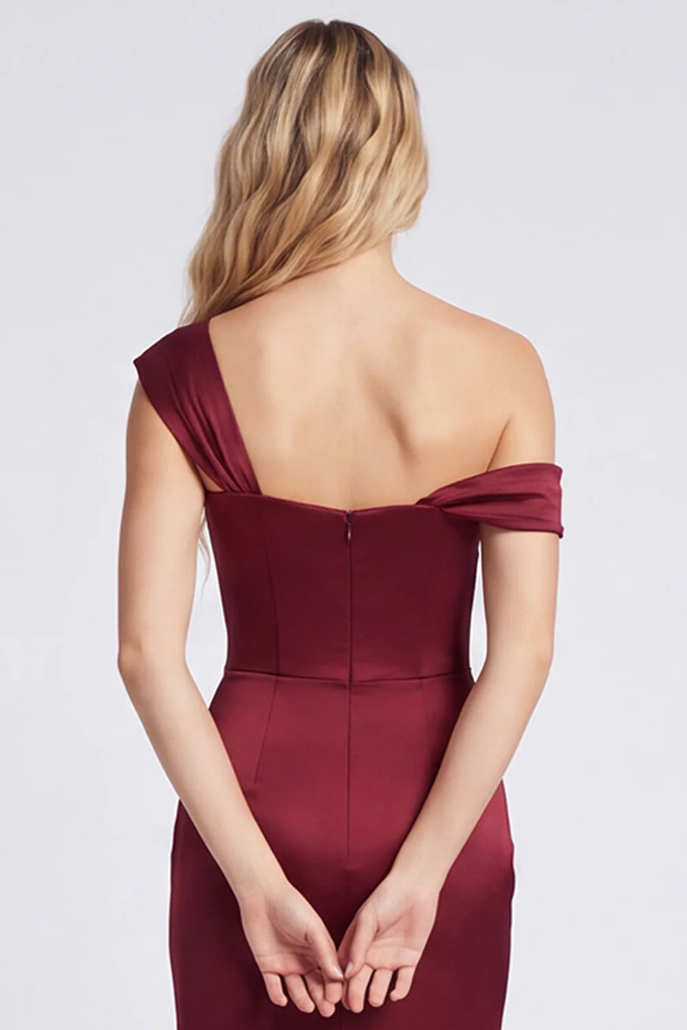 Off the Shoulder Mermaid Satin Burgundy Bridesmaid Dress with Slit