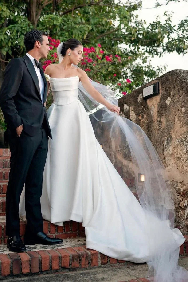 White Strapless Satin A Line Wedding Dresses