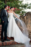 White Strapless Satin A Line Wedding Dresses