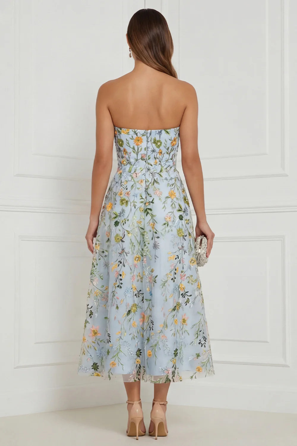 Floral Blue Strapless A Line Corset Midi Wedding Guest Dress