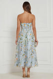 Floral Blue Strapless A Line Corset Midi Wedding Guest Dress