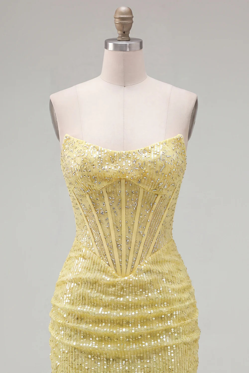 Yellow Bodyocn Strapless Beaded Corset Sequin Homecoming Dress