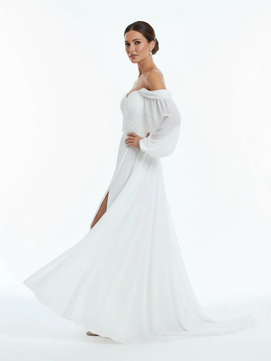 A Line Sweetheart Long Sleeves Chiffon Sweep Train Wedding Dress