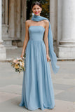 Dusty Blue Strapless Chiffon A Line Long Bridesmaid Dress