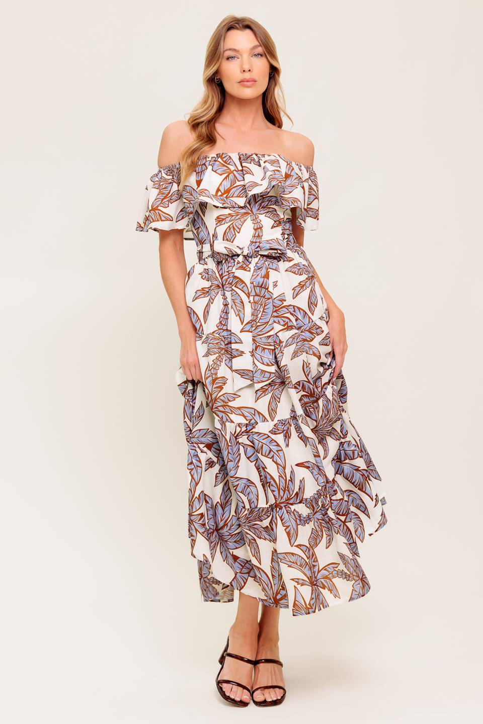 PALM TREE GARDEN OFF THE SHOULDER MIDI DRESS