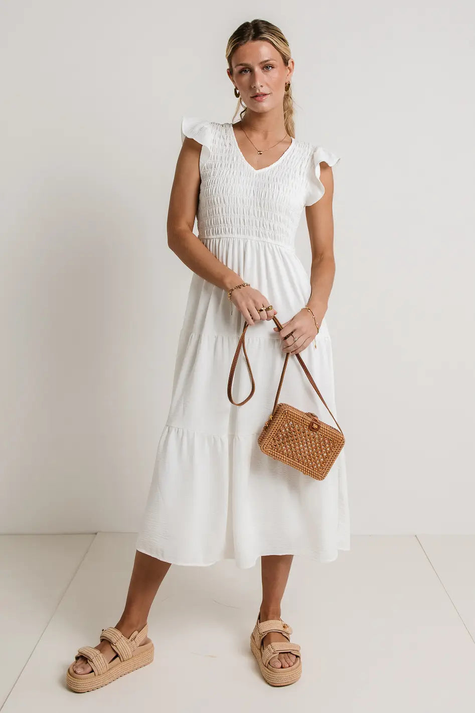 Rain Smocked Midi Dress in White FINAL SALE