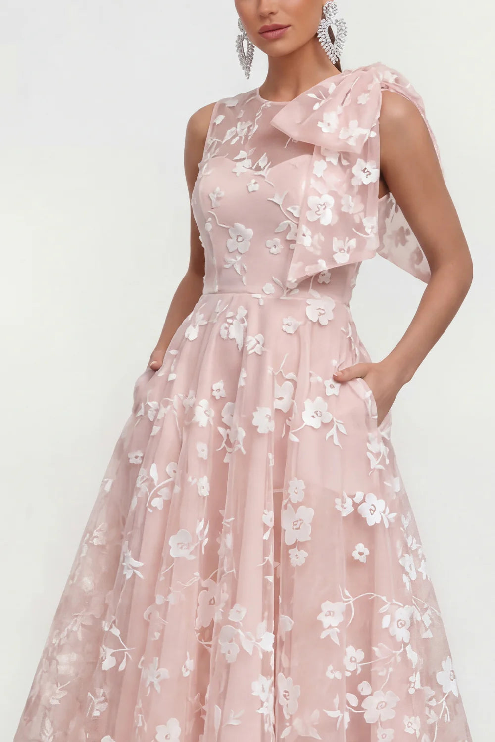 Floral Apricot A Line Bowed Midi Wedding Guest Dress