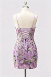 Lilac Bodycon Floral Sequin Appliqued Short Homecoming Dress