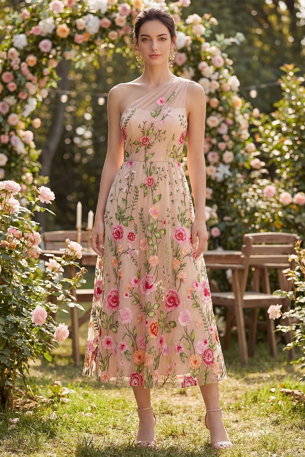 One Shoulder A Line Blush Floral Wedding Guest Dress