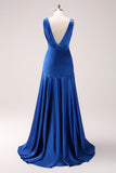 Ink Blue A Line V Neck Satin Ruched Long Bridesmaid Dress with Slit