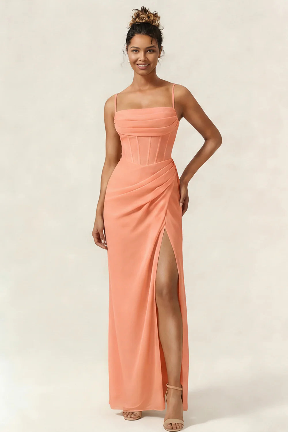 Green Flower Mermaid Corset Chiffon Long Bridesmaid Dress with Slit