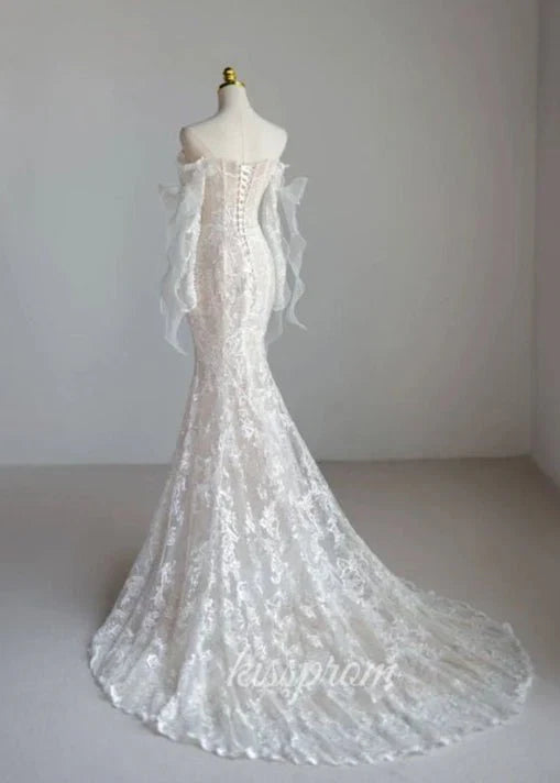 Lace Mermaid Covered Button Long Sleeve Train Wedding Dress