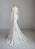 Lace Mermaid Covered Button Long Sleeve Train Wedding Dress