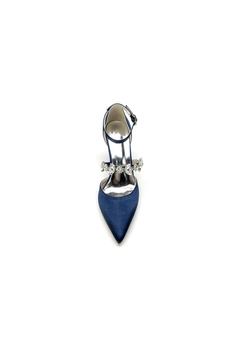 Satin Pointed Toe Rhinestone Strappy Chunky Heels